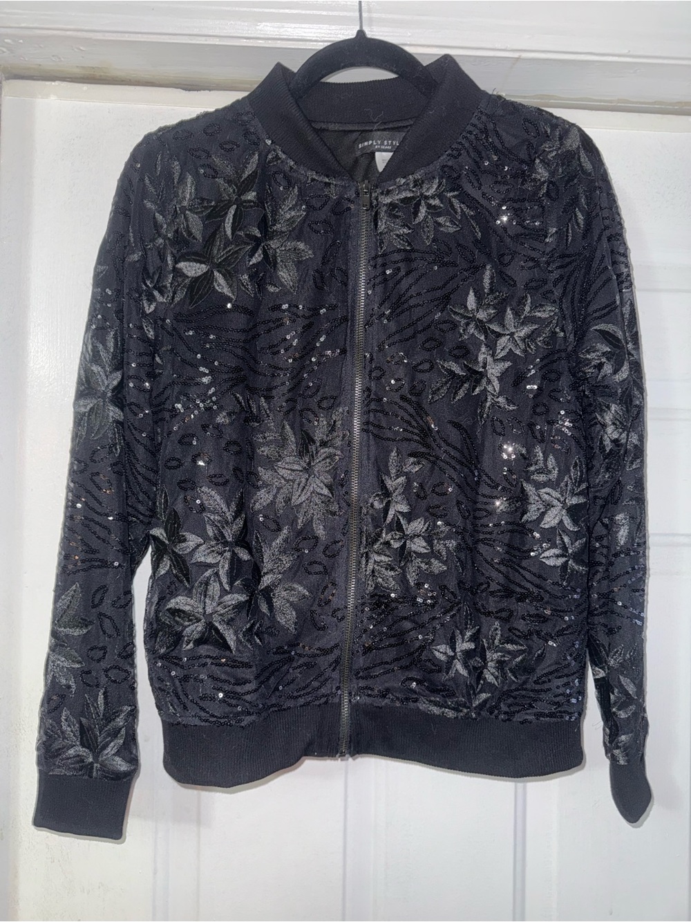 Simply Styled Black Mesh Sequin Embroidered Bomber Jacket Small Holiday - Picture 2 of 11